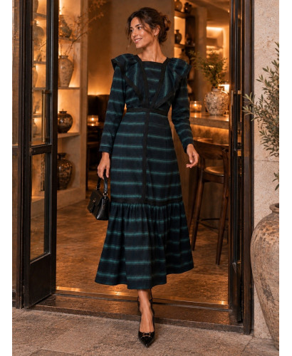Vestido Azul Marino y Turquesa con Detalles en Negro