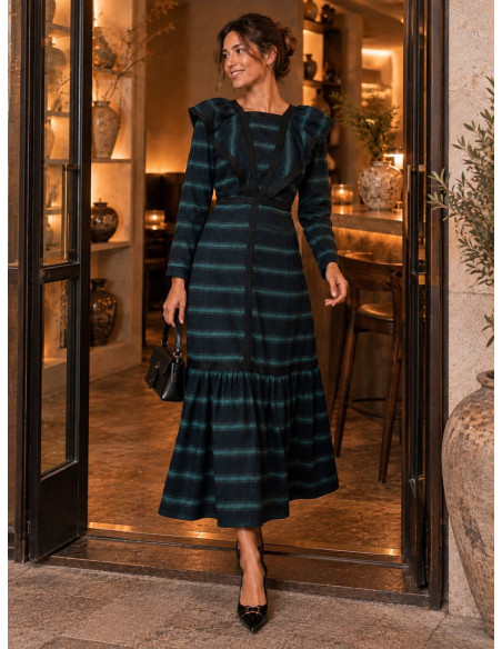 Vestido Azul Marino y Turquesa con Detalles en Negro