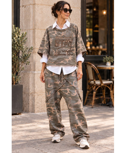 Pantalón Baggy Camuflaje de Algodón con Cintura Elástica