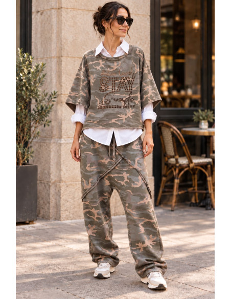 Pantalón Baggy Camuflaje de Algodón con Cintura Elástica