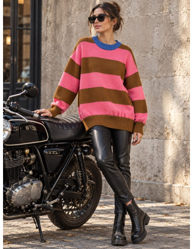Suéter de Rayas Marrón y rosa con Cuello azul