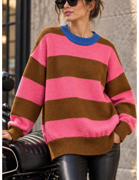 Suéter de Rayas Marrón y rosa con Cuello azul