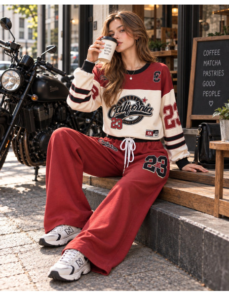 Conjunto Dos Piezas granate y Crudo Estampado
