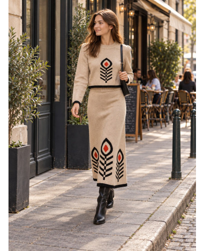 Conjunto de Punto Crudo con Suéter y Falda Estampada