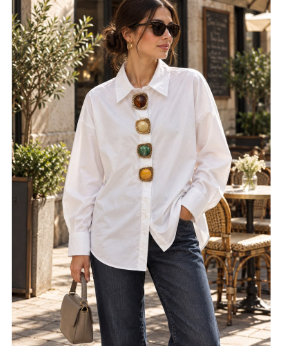 Camisa Blanca Oversize con Abalorios Decorativos