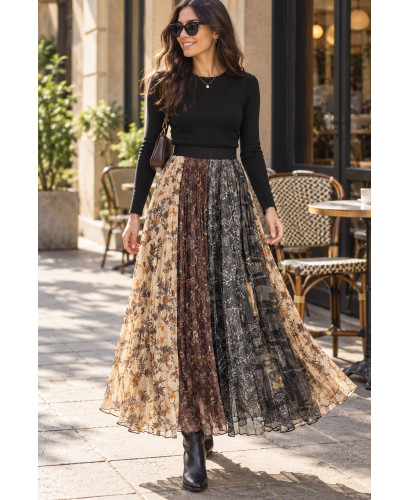Falda Larga de Tul Plisado Estampado Multicolor