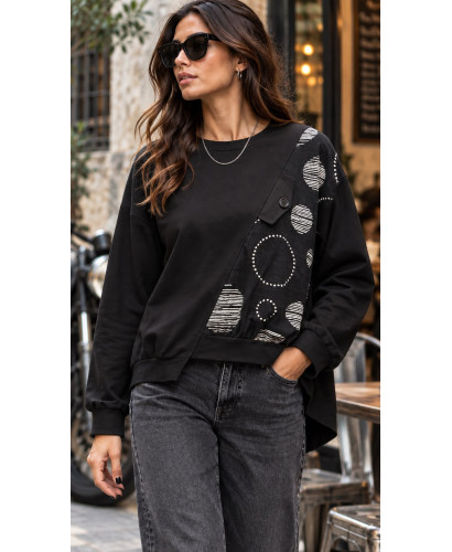 Sudadera Asimétrica Negra con Estampado Geométrico 2
