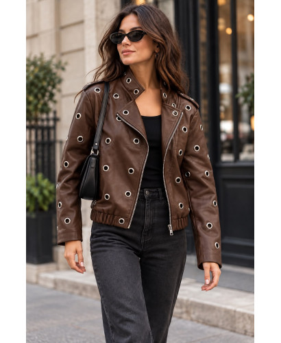 Chaqueta Bomber de Polipiel Chocolate con Anillas Metálicas 2