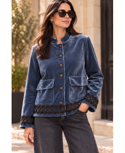 Chaqueta de Terciopelo Azul con Pasamanería Negra