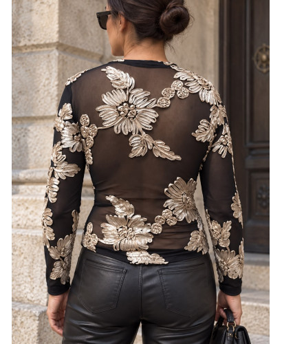Top de Tul Negro Bordado en Crudo – Elegancia Floral 2