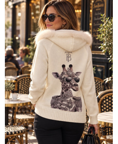 Chaqueta de Punto Crudo con Capucha y Dibujo de Jirafa