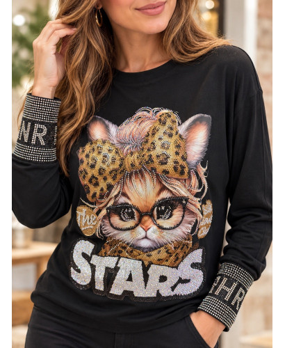 Camiseta de Manga Larga con Gato y Strass Brillante ✨
