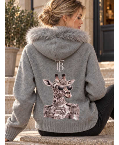 Chaqueta de Punto Gris con Capucha y Dibujo de Jirafa