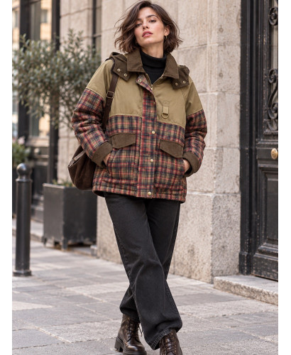 Parka Acolchada Combinada de Cuadros y Kaki con Detalles... 2