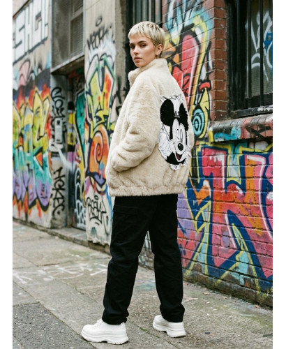 Chaqueta Bomber de Pelo Beige con Mickey de Lentejuelas...