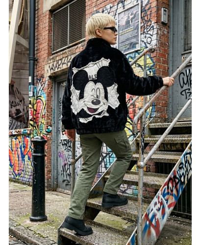 Chaqueta Bomber de Pelo Negro con Mickey de Lentejuelas...