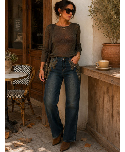Pantalón Vaquero Desgastado con Detalles Bordados