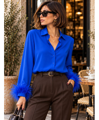 Camisa Azul Klein con Puños de Plumas