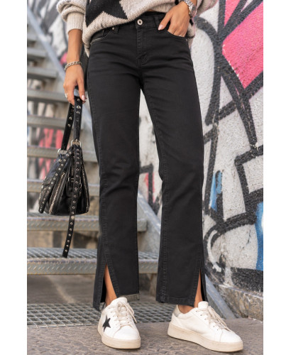 Pantalón Vaquero Negro Recto con Abertura Lateral