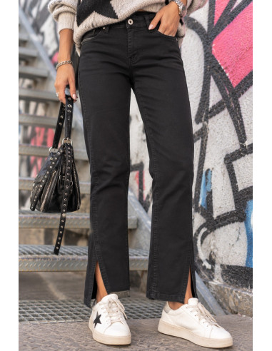 Pantalón Vaquero Negro Recto con Abertura Lateral