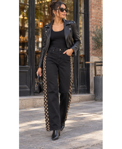 Pantalón Vaquero Negro de Talle Alto con Bordados Laterales