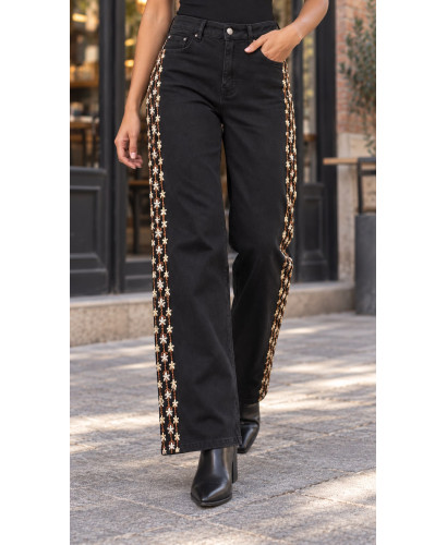 Pantalón Vaquero Negro de Talle Alto con Bordados Laterales 2