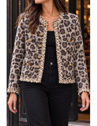 Chaqueta Animal Print con Bordados y Detalles Joya