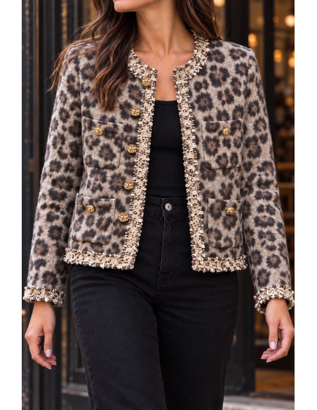 Chaqueta Animal Print con Bordados y Detalles Joya