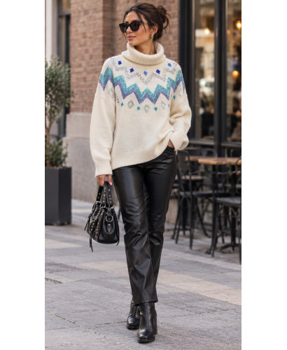 🌟 Suéter Cuello Alto en Crudo con Cenefas de Lentejuelas... 2