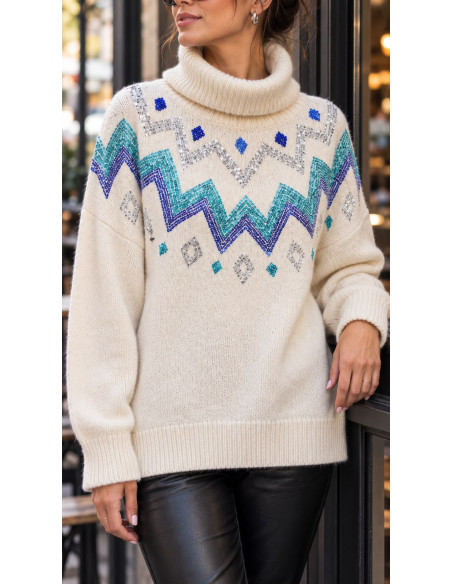 🌟 Suéter Cuello Alto en Crudo con Cenefas de Lentejuelas en Azul y Turquesa