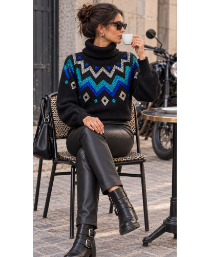 🌟 Suéter Cuello Alto en negro con Cenefas de Lentejuelas...