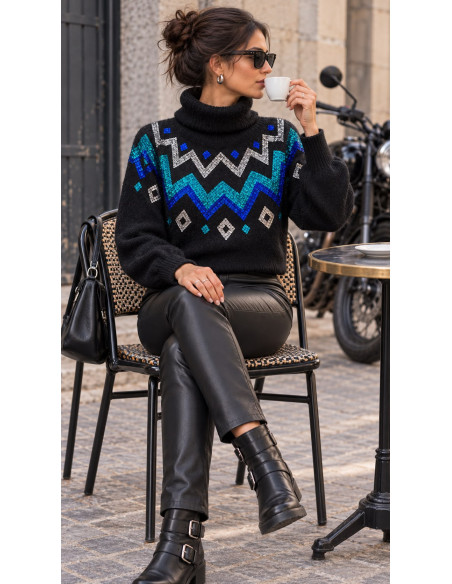 🌟 Suéter Cuello Alto en negro con Cenefas de Lentejuelas en Azul y Turquesa