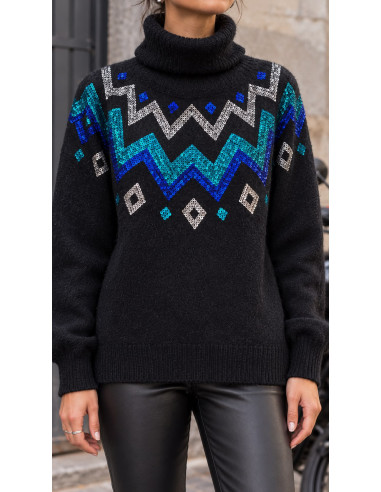 🌟 Suéter Cuello Alto en negro con Cenefas de...