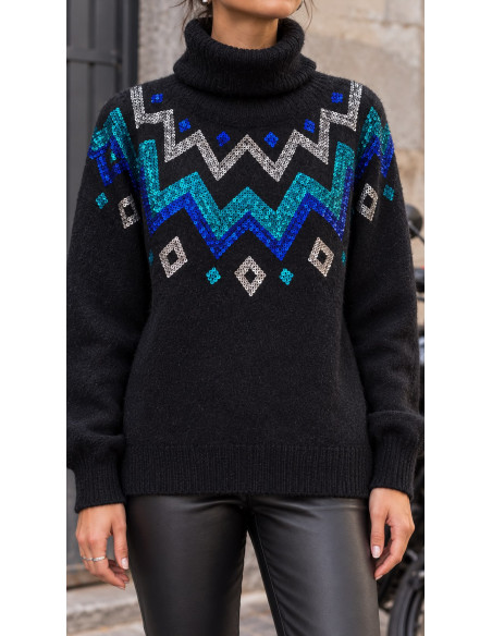 🌟 Suéter Cuello Alto en negro con Cenefas de Lentejuelas en Azul y Turquesa