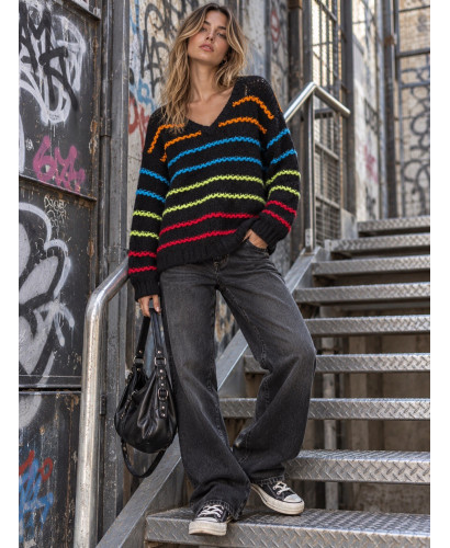 Suéter de Lana Negro con Rayas de Colores – Estilo Casual... 2