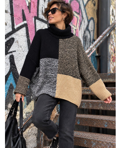 🌟 Suéter Cuello Alto Estampado Geométrico en Negro y Camel 🌈