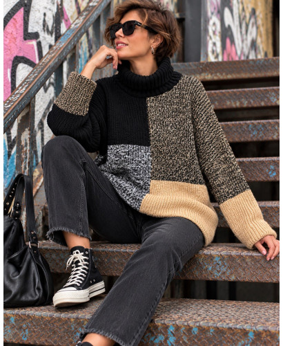 🌟 Suéter Cuello Alto Estampado Geométrico en Negro y Camel 🌈 2